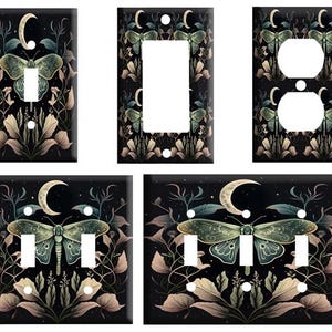 May include: Four different light switch covers featuring a dark green and black moth with a crescent moon and floral designs. The switch covers are available in single, double, and triple switch configurations.
