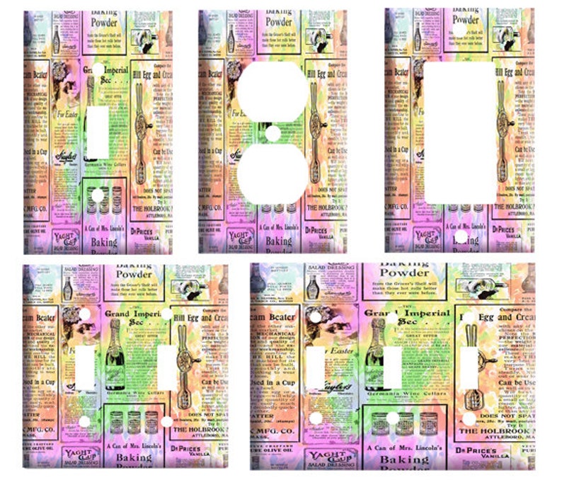 or GFCI Roker colorful newsprint Single Toggle 2 gang Duplex Outlet Decorative Light Switch Cover Plate