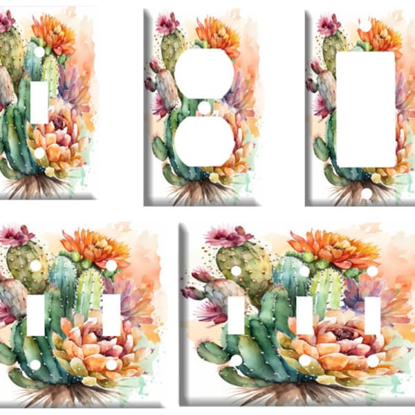 Colorful Cactus Watercolor, Decorative Light Switch Cover Plate, Single Toggle, Duplex Outlet, 2 gang, or GFCI Rocker