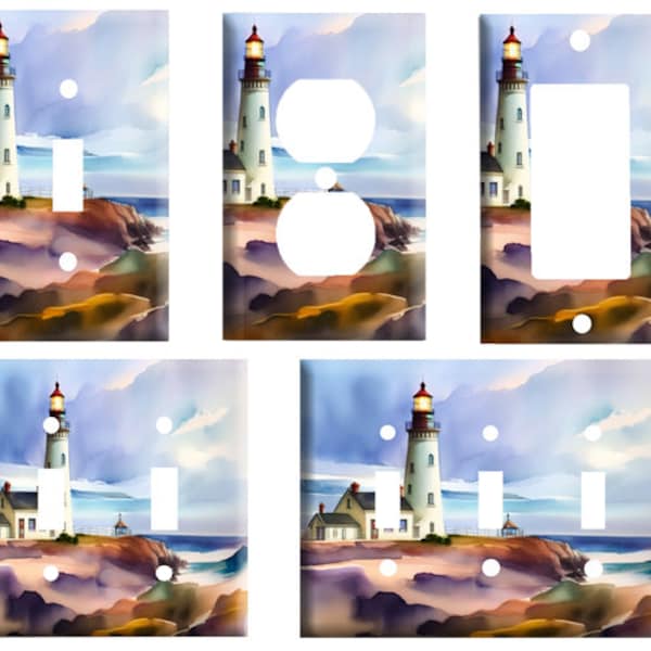 Watercolor Lighthouse 2, Nautical Décor, Decorative Plastic Light Switch Cover Plate, Single Toggle, Outlet, 2 gang, or GFCI Rocker
