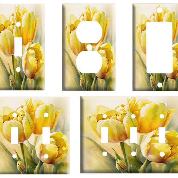 Yellow tulips watercolor, Decorative Light Switch Cover Plate, Single Toggle, Duplex Outlet, 2 gang, or GFCI Rocker