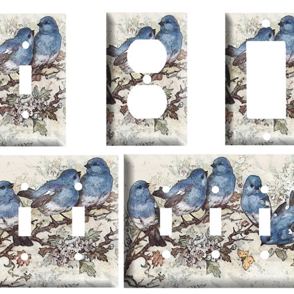 Blue Bird & Cherry Blossoms design, Decorative Plastic Light Switch Cover Plate, Single Toggle, Duplex Outlet, or GFCI