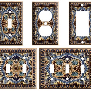 Italian Tile blue design(not actual tile), Decorative Plastic Light Switch Cover Plate, Single Toggle, Duplex Outlet, or GFCI