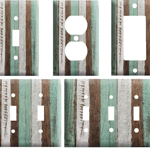 Teal and brown barn wood design, Decorative Light Switch Cover Plate, Single Toggle, Duplex Outlet, 2 gang, or GFCI Roker