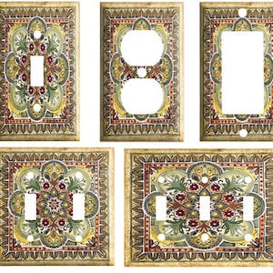 May include: Set of four decorative light switch and outlet covers featuring a colorful floral pattern with green, red, yellow, and brown accents. The covers are designed to fit standard US electrical outlets and switches.