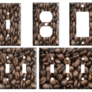 May include: A set of five light switch and outlet covers featuring a close-up image of brown coffee beans.