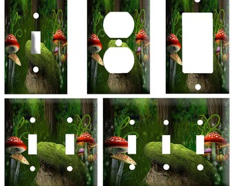 Mushroom fantasy design, Decorative Light Switch Cover Plate, Single Toggle, Duplex Outlet, 2 gang, or GFCI Roker