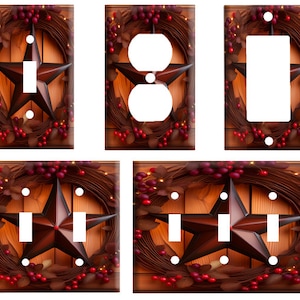 May include: Set of four light switch and outlet covers featuring a rustic wooden background with a brown star and a red berry wreath.