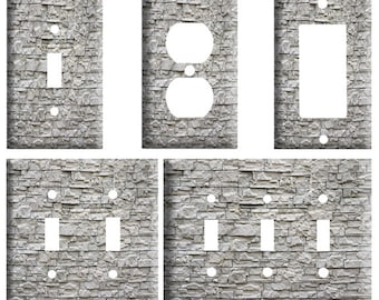 Grey brick wall, Decorative Light Switch Cover Plate, Single Toggle, Duplex Outlet, 2 gang, or GFCI Roker
