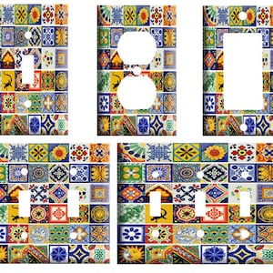 May include: Set of four decorative light switch and outlet covers featuring a colorful Mexican tile pattern. The covers are made of durable plastic and are easy to install.