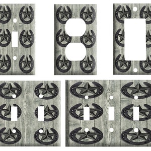 May include: Set of six light switch and outlet covers featuring a rustic woodgrain background with a black horseshoe and star design.
