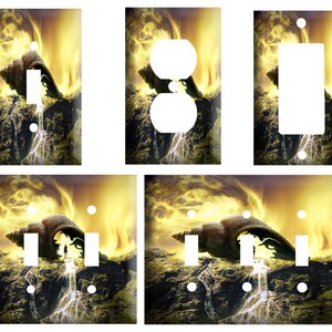 May include: A set of light switch and outlet covers featuring a surreal landscape with a seashell and a waterfall. The background is a fiery orange and yellow with clouds.