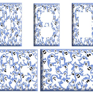 May include: Four light blue wall plates with a white ghost pattern. The plates are designed to cover electrical outlets and light switches.