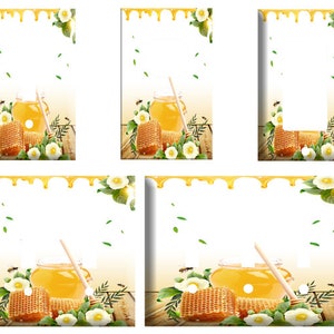 May include: A light switch cover with a honey themed design. The design features a jar of honey, honeycomb, and white flowers. The background is a light yellow with dripping honey.