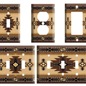 May include: Set of five decorative light switch and outlet covers featuring a Southwestern-inspired geometric pattern in shades of brown, beige, and black.