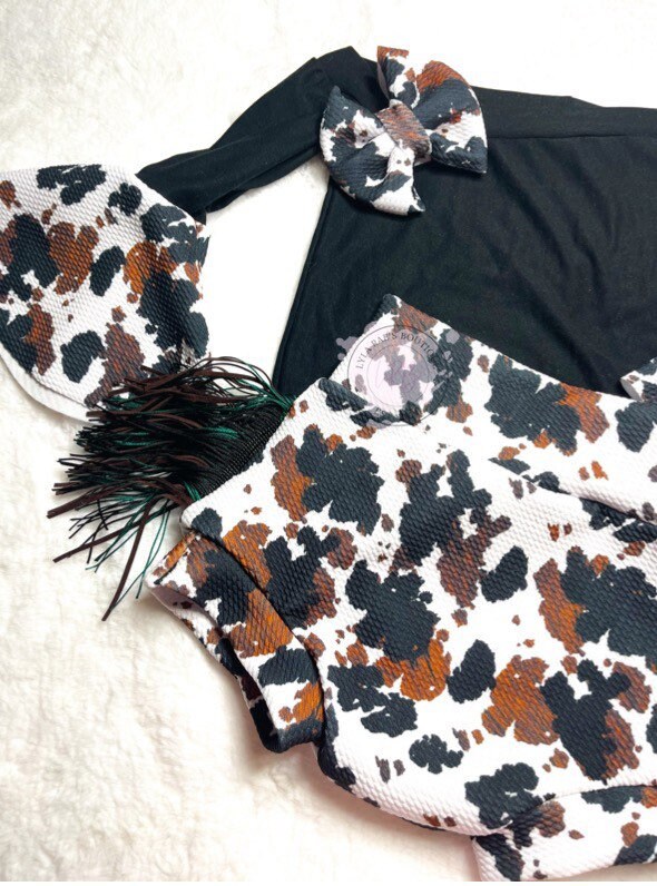Western Cowprint Suede Bell Sleeve and Bummie Babygirl Set| Brown bla…