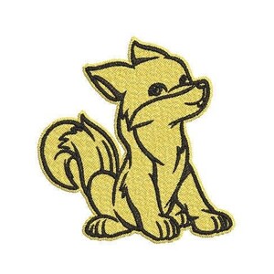 May include: A yellow outline of a cartoon fox with black eyes and a black nose. The fox is sitting with its tail curled around its body.