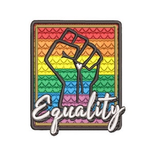 May include: A rainbow-colored patch with a raised fist in the center and the word "Equality" in white lettering below. The patch is surrounded by a black border and a gold border.