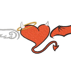 May include: A red heart with a halo and devil horns and wings. The heart is a symbol of love and the halo and horns represent the duality of good and evil.