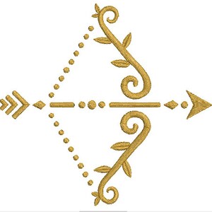 May include: Gold-colored embroidered design featuring a bow and arrow. The bow is adorned with floral accents and a dotted line, while the arrow has a detailed arrowhead. The design is set against a white background.