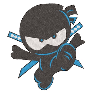 May include: A black and blue cartoon ninja with a white face and angry eyes. The ninja is holding two swords and is in a fighting pose.