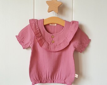 Organic pink baby girl t-shirt with ruffle collar, Girl's muslin cotton t-shirt, Baby girl toddler blouse, Children blouse, Girl pink blouse