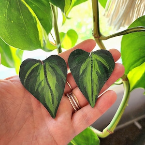 Leder Philodendron Brasil Ohrringe Handgefertigte Leder Blatt Ohrringe, Gestempelt Leder, Boho, Punziert Leder, Handbemalt, Geschenke Pflanze