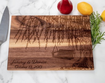 9th Anniversary Willow Tree with Bench Swing, Cutting Board, Personalized Gift, couples gift for wedding, anniversary or Christmas.