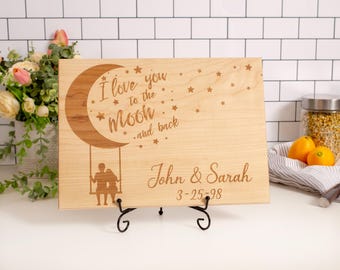 Engraved Wood Cutting Board, 'Love You to the Moon', Personalized Anniversary Gift