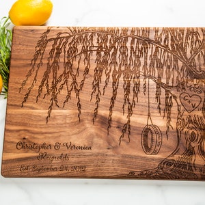 9th Anniversary Willow Tree with tire swing, Cutting Board, Personalized Gift, couples gift for wedding, anniversary or Christmas.