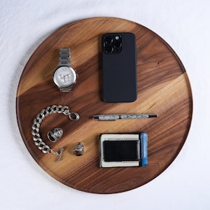 Round Walnut Minimalist Tray, Serving Tray, Catchall Tray, Peruvian Walnut Hardwood Trays, Stackable, Slim, Modern Valet Catch All