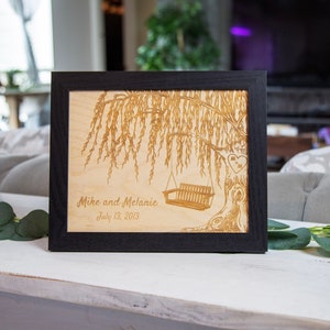 Personalized Engraved Willow Tree with Bench Swing Picture Frame, Personalized Wedding Anniversary Gifts, Housewarming Gift, Gifts for Her 8" x 10" Black Wood