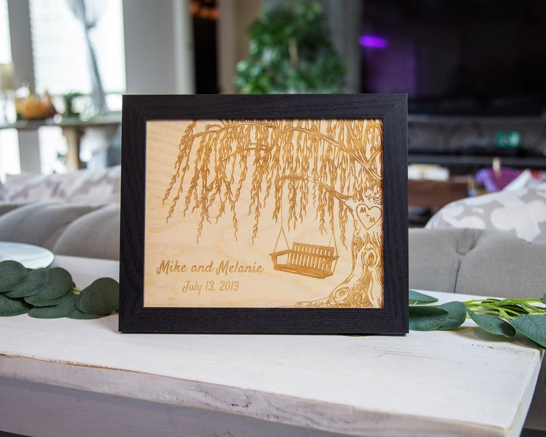 Personalized Engraved Willow Tree with Bench Swing Picture Frame, Personalized Wedding Anniversary Gifts, Housewarming Gift, Gifts for Her 8" x 10" Black Wood