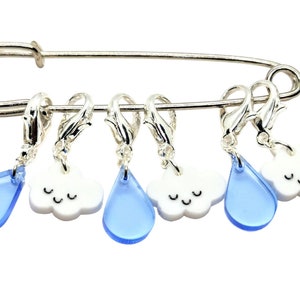 Set of 6 acrylic cloud and raindrop stitch markers/ progress keeper.