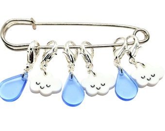 Set of 6 acrylic cloud and raindrop stitch markers/ progress keeper.