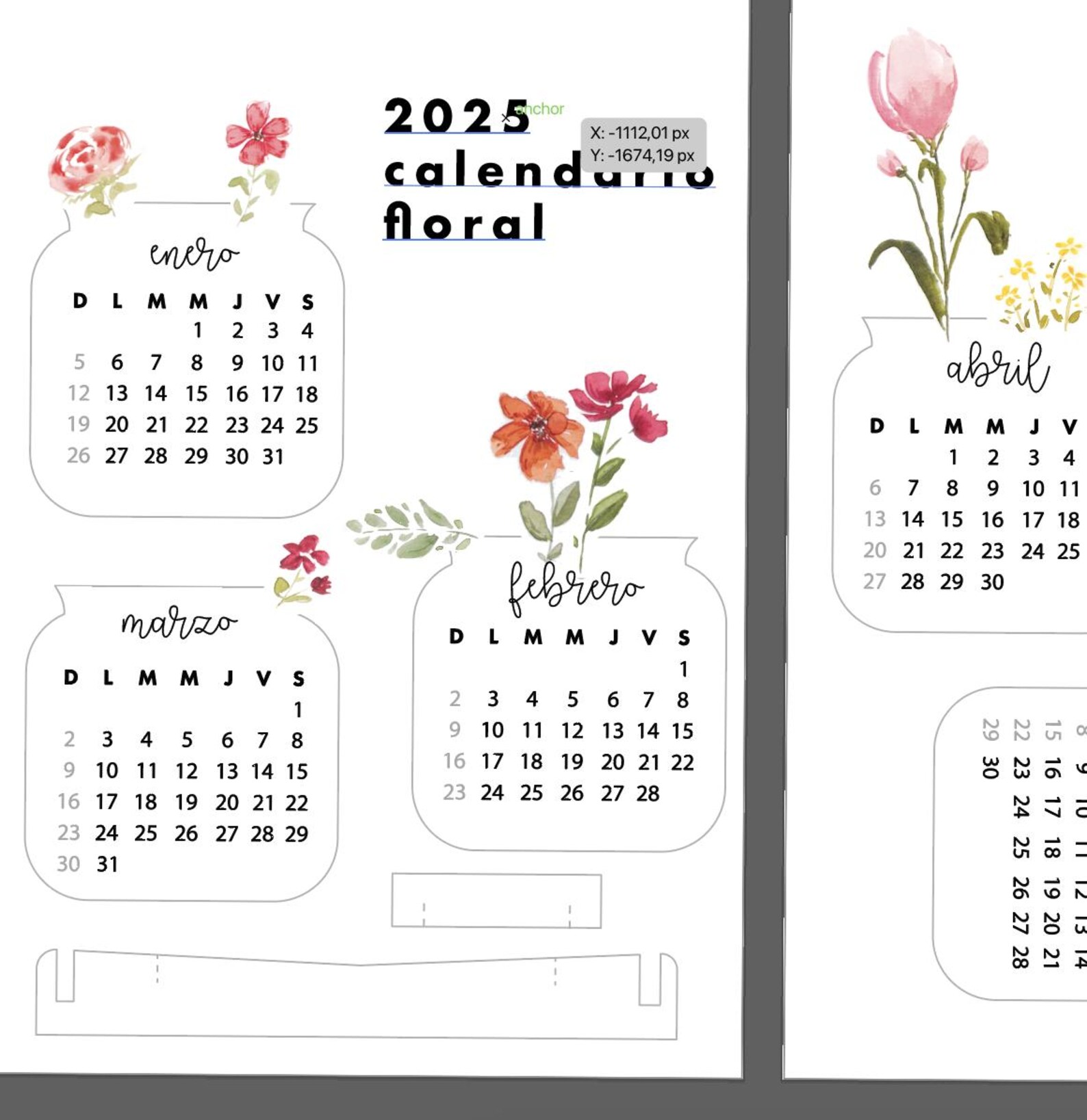 Spanish Desk Calendar Printable, 2025 Watercolor Floral Calendar
