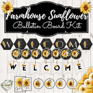 Sunflower Farmhouse Bulletin Board Kit | Bulletin Board Borders, Banners, Buntings,Lettering Kit,Inspirational Quotes | Sunflowers Classroom