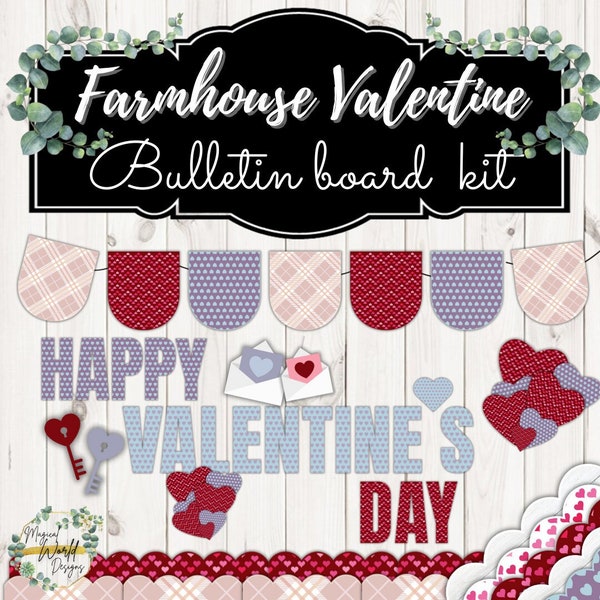 Farmhouse Valentine's Day Bulletin Board Kit | Valentine Bulletin Board Borders, Banners, Buntings,Lettering Kit | Farmhouse Classroom Decor