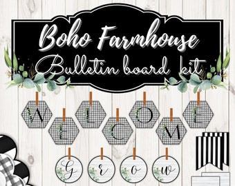 Farmhouse Bulletin Board Kit | Editable | Bulletin Board Borders, Banners, Buntings,Lettering Kit | Quotes | Farmhouse Classroom Decor