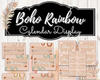 Plantillas de exhibición de calendario de arco iris boho - Tema de aula de arco iris boho - Decoración de aula en colores pastel tranquilo