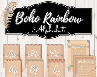 Carteles de alfabeto y números de arco iris boho - Tema de aula de arco iris boho - Decoración de aula en colores pastel tranquilo