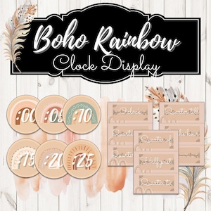 Boho Rainbow Clock Display | Boho Rainbow Clock Templates | Calm Pastel Classroom Decor