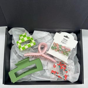 BOX OF 5 ACCESSORIES, Pink & Green, One of a Kind Gift Box, Vintage Style Hair Accessories, Hair Claws, Hair Sticks, Gift Set, Gift Ideas