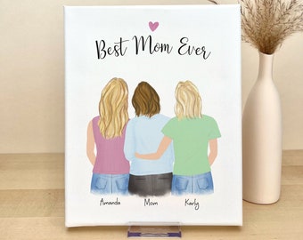 Art mural personnalisé sur toile pour la fête des mères, oeuvre mère et filles, cadeau maman de filles, cadeau d'anniversaire pour maman, toile maman