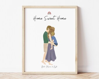 May include: A digital illustration of a family of three, a couple and a child, standing together. The couple is embracing, and the child is being held by the woman. The text "Home Sweet Home" is above the family, and the text "Dad, Mama & Kyle" is below the family.