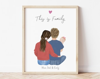 Personalized Framed Wall Art Family with baby, Young Family print art, Birthday gift for dad, dad with baby gift idea, Father's Day gift,