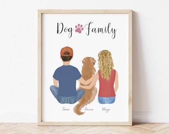 Customizable Framed Wall Art Couple and dog, Mother's Day gift, Personalized Family dog portrait, dad pet illustration, birthday gift idea