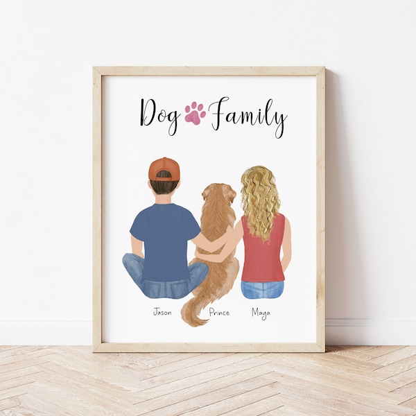 Customizable Framed Wall Art Couple and dog, Mother's Day gift, Personalized Family dog portrait, dad pet illustration, birthday gift idea