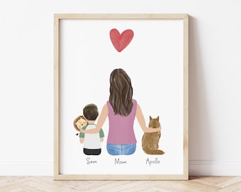 May include: A watercolor illustration of a mom, son, and dog. The mom is wearing a pink shirt and jeans. The son is wearing a green shirt and jeans. The dog is brown and white. The family is sitting together with a red heart above them. The text "Sam", "Mom", and "Apollo" is written below the family.