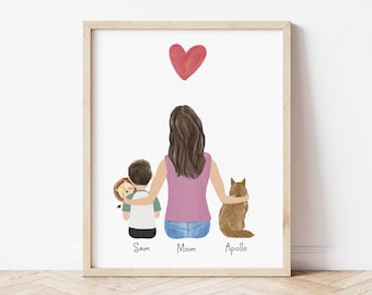 Personalized Framed Wall Art Mom son and cat, Mother's Day gift idea, customizable family portrait, toddler with cat, birthday gift for mom